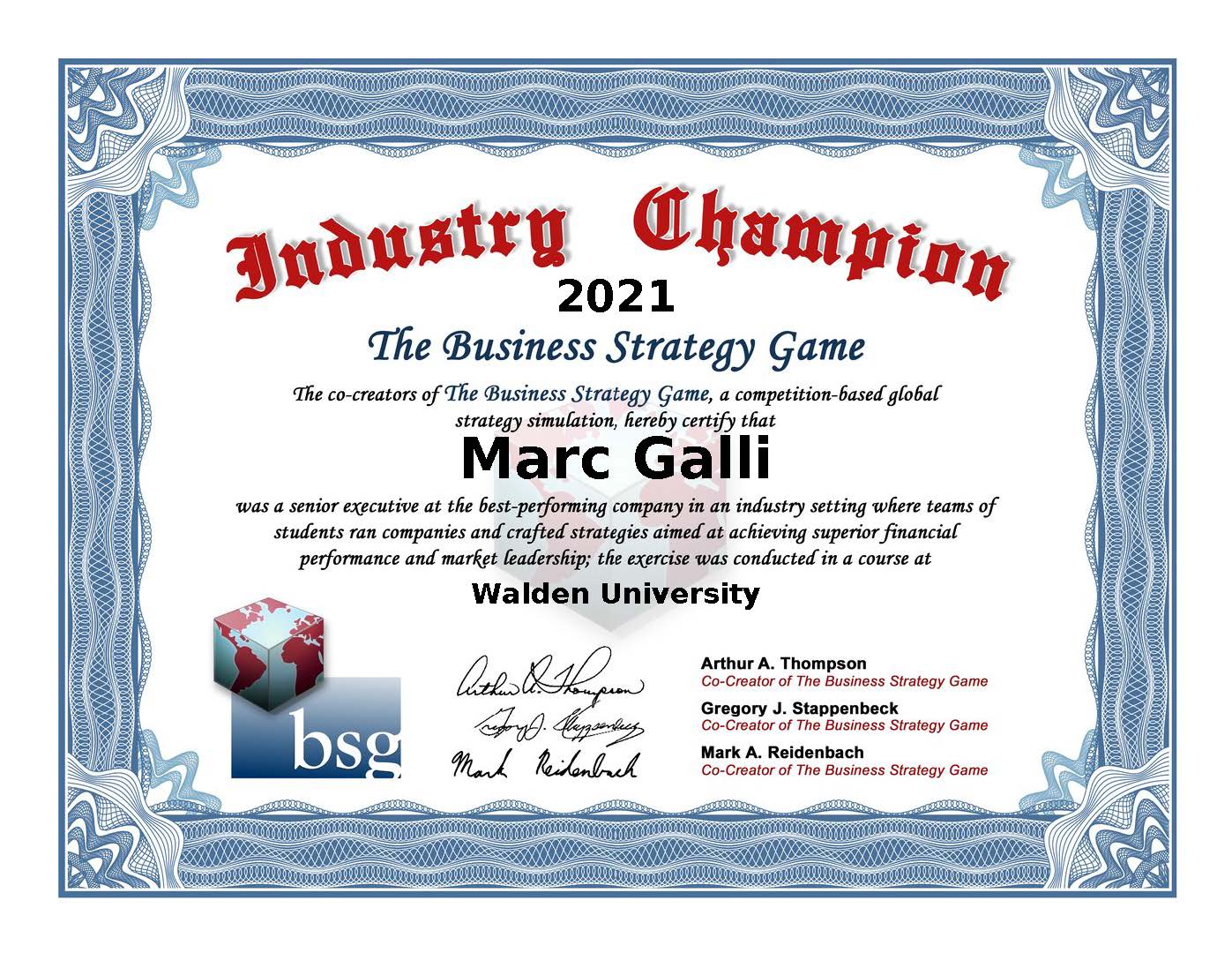 Marc Galli, Certificated in Business Strategy as Industry Champion